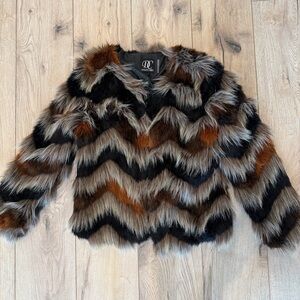 Dolce Cabo Chevron Faux Fur Jacket in Black, Brown, and Gray
